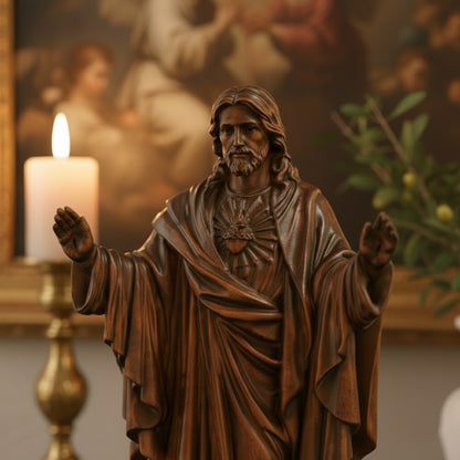 Sagrado Corazón Tallado en Madera de Gran Nobleza